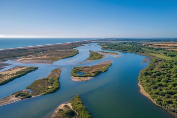 river mouth drone aerial view, aerial view of a mouth or river, rive aerial view, natural view of...