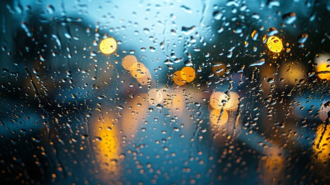 Raindrops on car window reveal the road ahead as the vehicle travels along the route