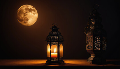 Islamic lantern, Eid Mubarak, Eid al-Adha banner. Eid Al-Adha Mubarak is a celebration of the holiday of the Muslim community against the background of the Arab landscape. celebrating the Islamic Rama