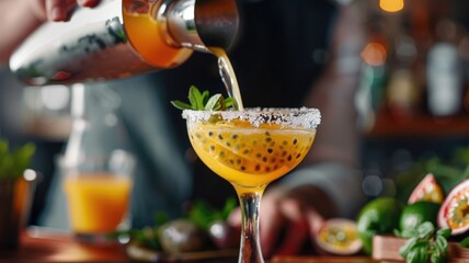 Bartender pouring mixed drink into salt-rimmed glass garnished with mint