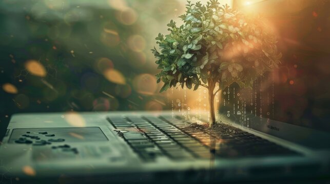 A surreal image of a money tree growing out of a laptop screen AI generated illustration