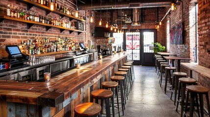 A trendy bar with a polished wood bar and exposed brick walls AI generated illustration