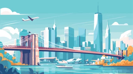 Ingelijste posters City bridge landscape vector illustration. Cartoon © iclute