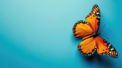 Fototapeta na wymiar Monarch butterfly with open wings on blue background