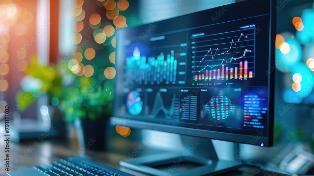 Poster computer monitors on desk displaying colorful financial charts and data analysis in office