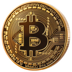 Golden coin with bitcoin stamp, sign isolated on transparent background. Concept of money, finance, currency, crypto, blockchain technology, wealth