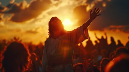Jesus Christ in worship with the sun in the background