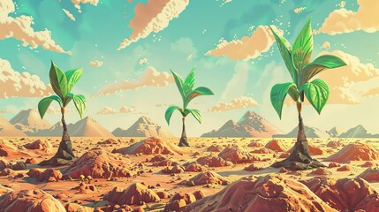 A whimsical illustration of money trees sprouting up in a barren landscape AI generated illustration