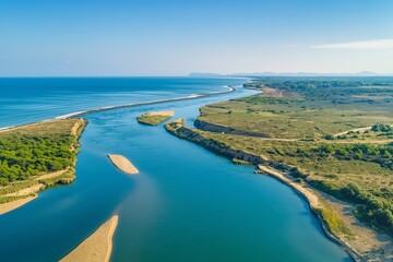 river mouth drone aerial view, aerial view of a mouth or river, rive aerial view, natural view of...