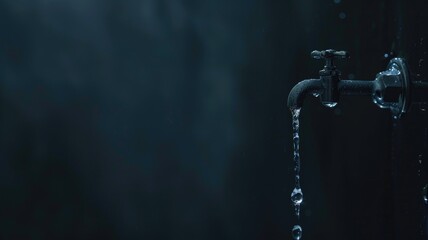 Water droplets falling from metal tap against dark background - obrazy, fototapety, plakaty