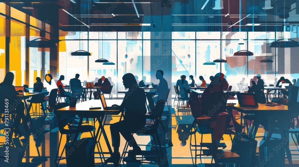 Aufkleber abstract view of a crowded co-working space ai generated illustration