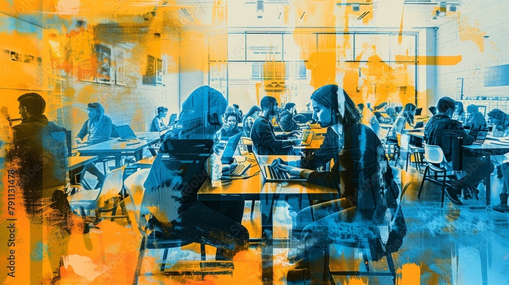 Poster abstract view of a crowded co-working space ai generated illustration