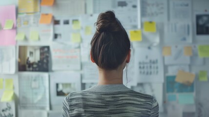 Person with bun hairstyle facing wall covered sticky notes and papers