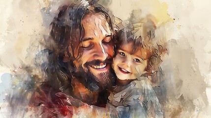 Jesus Christ with a kid in his arms, smiling. Digital watercolor painting - obrazy, fototapety, plakaty