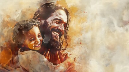 Naklejka premium Jesus Christ with a kid in his arms, smiling. Digital watercolor painting