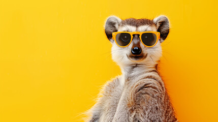 elegant lemur with sunglasses against a bright yellow background