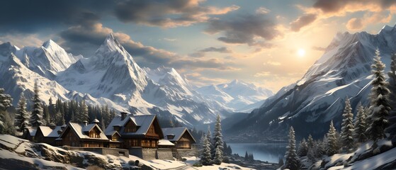Panoramic view of the mountain village in the Alps at sunset
