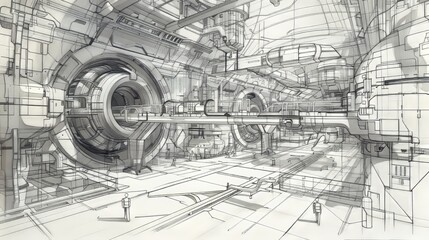 An architectural drawing of a futuristic space station AI generated illustration