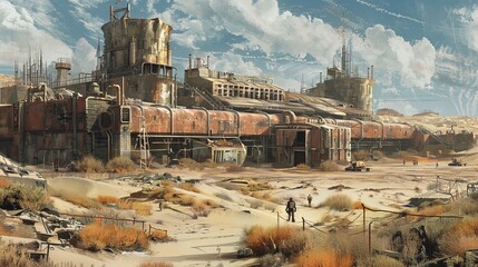 An architectural drawing of a post-apocalyptic wasteland settlement AI generated illustration - obrazy, fototapety, plakaty