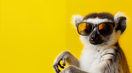 Cute lemur with sunglasses against a bright yellow background
