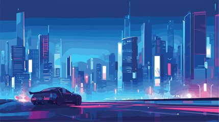 City downtown at night vector illustration. Cartoon