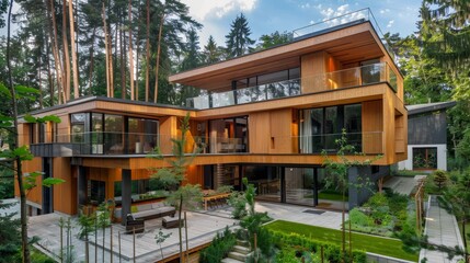 An elegant design with a wooden exterior and panoramic forest views AI generated illustration