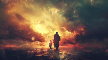 Jesus walking with a kid. Artistic composite image. Rear view. Conceptual  illustration - obrazy, fototapety, plakaty
