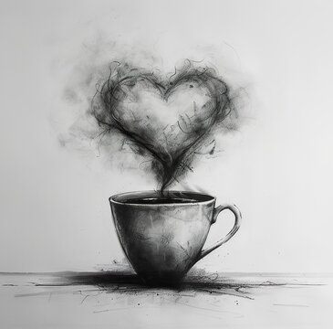 A drawing of a cup of coffee with steam coming out of it forming a heart. Pencil drawing of steaming cup of coffee in a cute illustration.