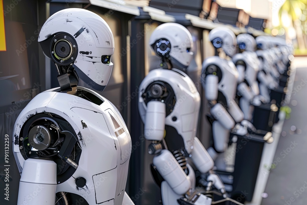 Poster a line of white robots standing in a row, showcasing robotic technology and ai-powered systems. gene