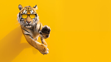  Stylish tiger with sunglasses jumping against a bright yellow background.