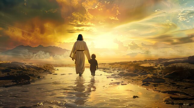 Jesus walking with a kid. Artistic composite image. Rear view. Conceptual  illustration