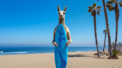 proud llama is holding a surfboard under palm trees on the beach 