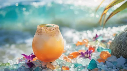 Foto op Plexiglas Sunset beach cocktail with tropical flowers © Blue_Utilities
