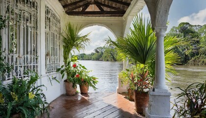 Fototapeta na wymiar Riverside Colonial Porch with Tropical Plants