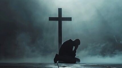 Man praying in front of a cross with copy space. Man praying in front of a cross with copy space