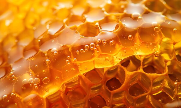 Nahaufnahme Honigwarben, goldener Honig flie&szlig;t &uuml;ber Honigwarben, Nektar aus Bl&uuml;tenstaub