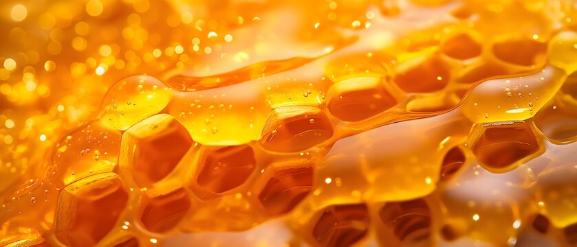 Nahaufnahme Honigwarben, goldener Honig flie&szlig;t &uuml;ber Honigwarben, Nektar aus Bl&uuml;tenstaub