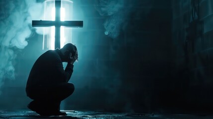 Man praying in front of a cross with copy space. Man praying in front of a cross with copy space - obrazy, fototapety, plakaty