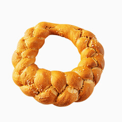 Challah, a braided bread ring. Round white wheat bread with coarse salt. The concept of love for bread, the fight against hunger in developing countries, a symbol of prosperity and a well-fed life. - 791132831