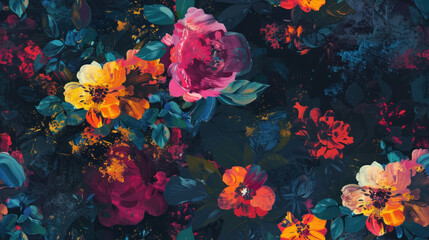 vibrant impressionist floral pattern on dark background for wallpaper - obrazy, fototapety, plakaty