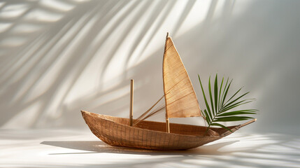 Artistic shadow play with a model sailboat and palm leaves