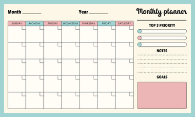 Monthly planner page with date, year, goals, notes, and top 3 priorities. Monthly notes page. Vector illustration.