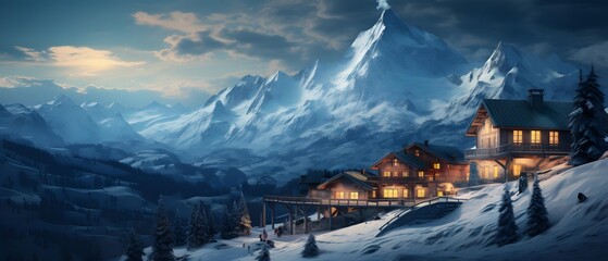 Winter panorama of mountain village with snow-capped peaks.
