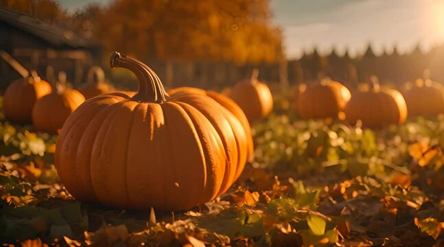 pumpkin on the farm ground. Autumn harvest festive footage concept