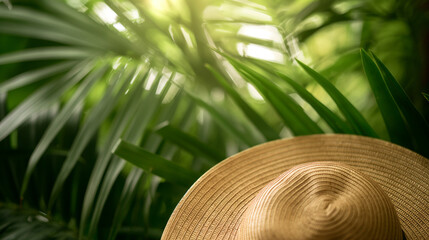 Tropical straw hat under the lush palm leaves in natural sunlight - Powered by Adobe