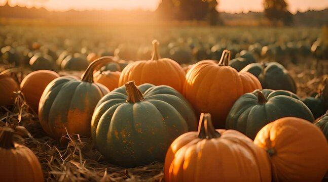 Cinematic Close-Up: Fresh Pumpkin on Farm in Morning Sun