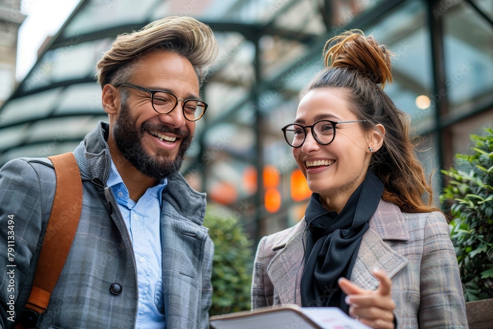 Wall mural stylish business colleagues share a laugh while looking at a digital tablet in a modern urban settin