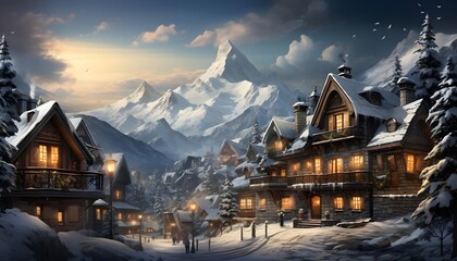 Winter landscape with snow covered houses and snow-covered mountains at sunset - Powered by Adobe