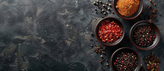 Assorted spices on a stone table, pictured from above with space for text. - Powered by Adobe
