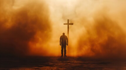Silhouette of a man in the desert with a cross in the smoke and dust under the sun. Silhouette of a man in the desert with a cross in the smoke and dust under the sun - obrazy, fototapety, plakaty